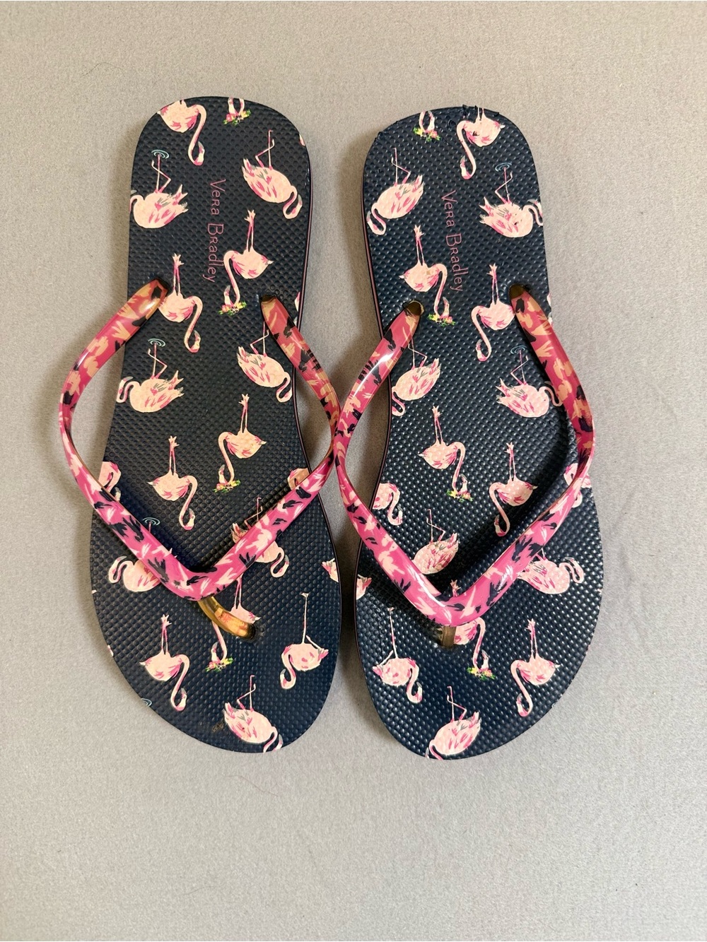 Vera Bradley Navy Flip Flops with Pink Flamingo Print